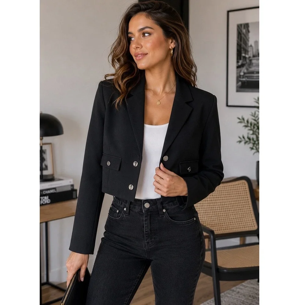 Madden NYC Womens Black Cropped Blazer Jacket Long Sleeve Size M